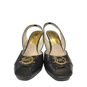Michael Kors Rochelle slingback Sz 7.5 Black wedge sandals gold MK logo hardware